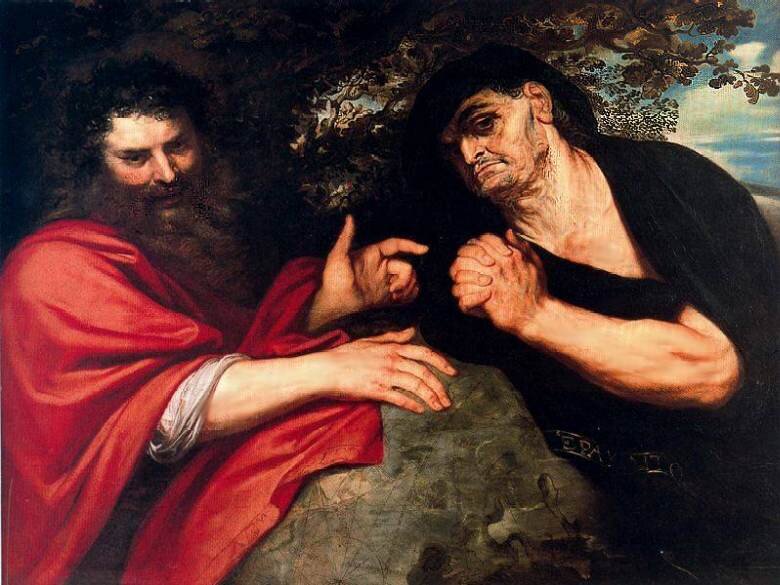 Рубенс. «Гераклит и Демокрит», 1603. Рубенс преподнес эту картину в подарок герцогу Лерма, взамен утраченных полотен.