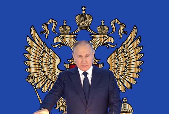 2021 год. За Путиным не беззащитная курица, а двуглавый имперский орел. Коллаж автора. 