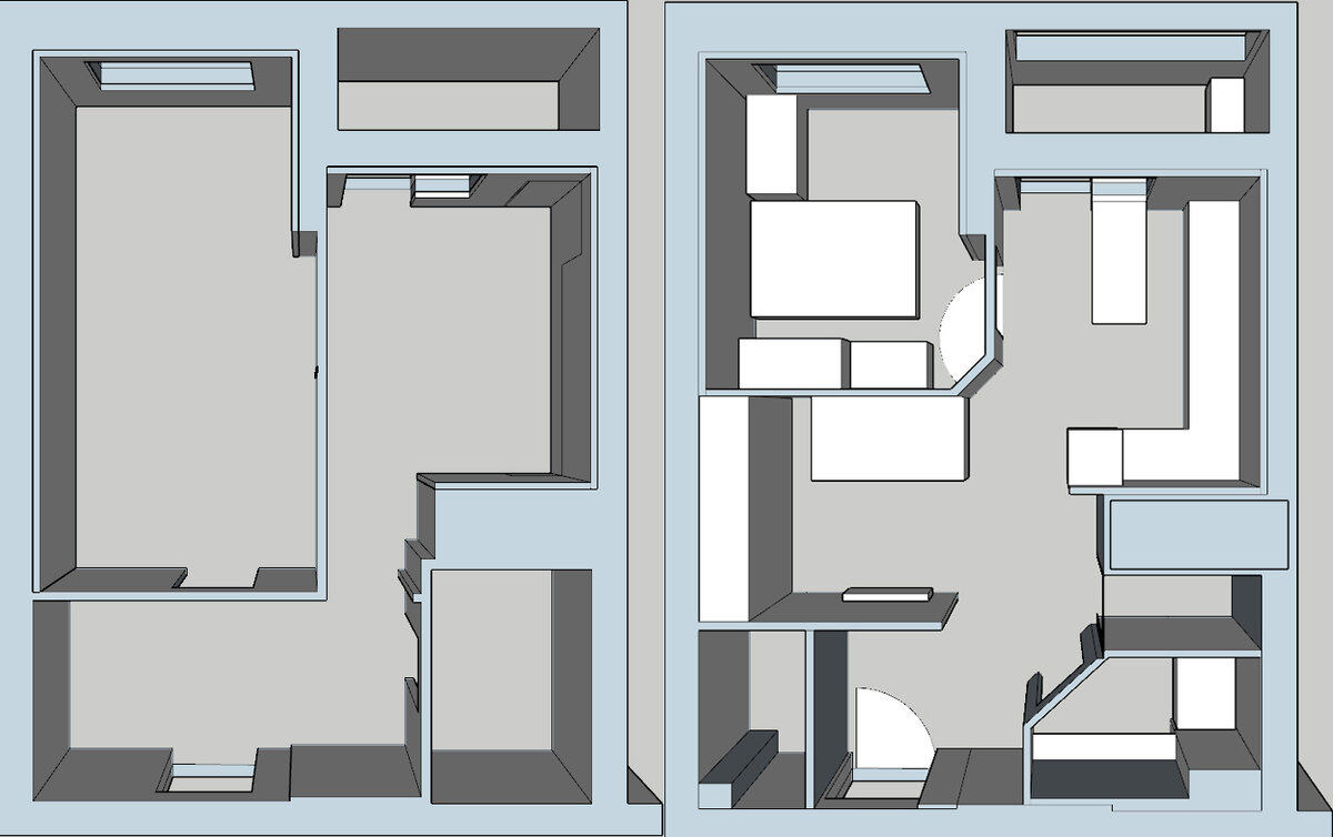 Слева первоначальная планировка, справа желаемая