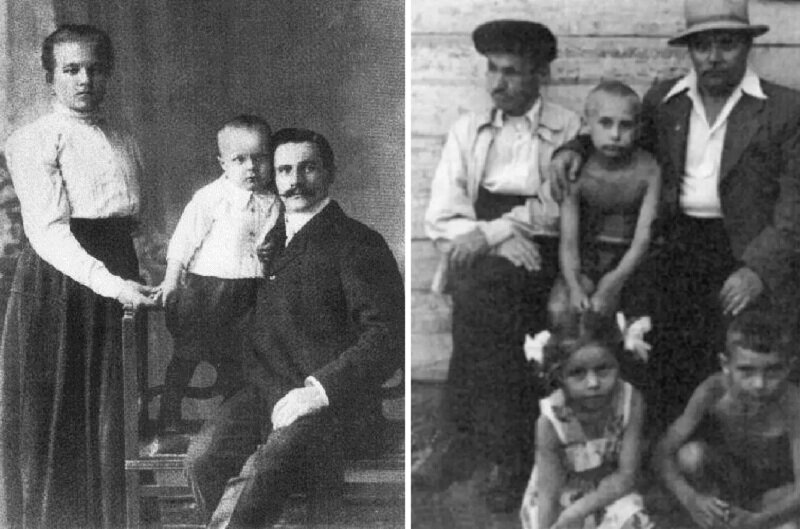 Слева — бабушка, дядя и дед Президента, справа дед с дядей и внуками (маленький Володя в середине)