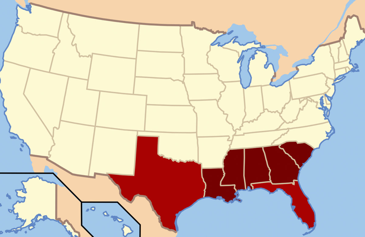 Штаты конфедерации сша. Штаты Южного макрорайона США. Южные штаты США. Макрорайон Юг США. Штаты севера и Юга США.