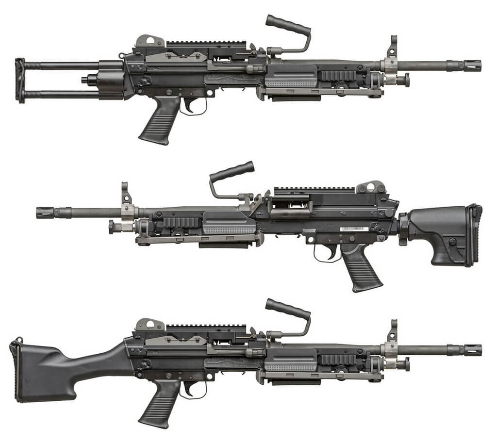 Сверху вниз. 7,62-мм пулемёты FN Minimi Mk3 в исполнениях Para, Tactical и Standart