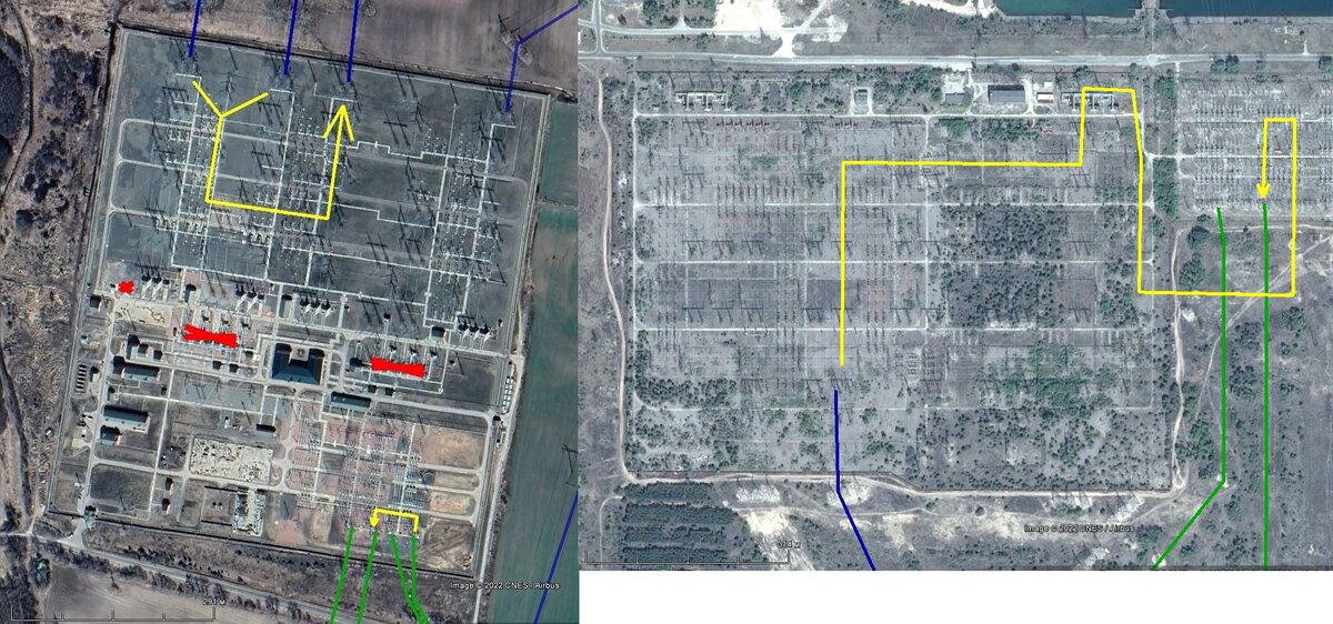 Слева – ПС 750 кВ Киевская, справа – ОРУ 750/330 кВ Чернобыльской АЭС
