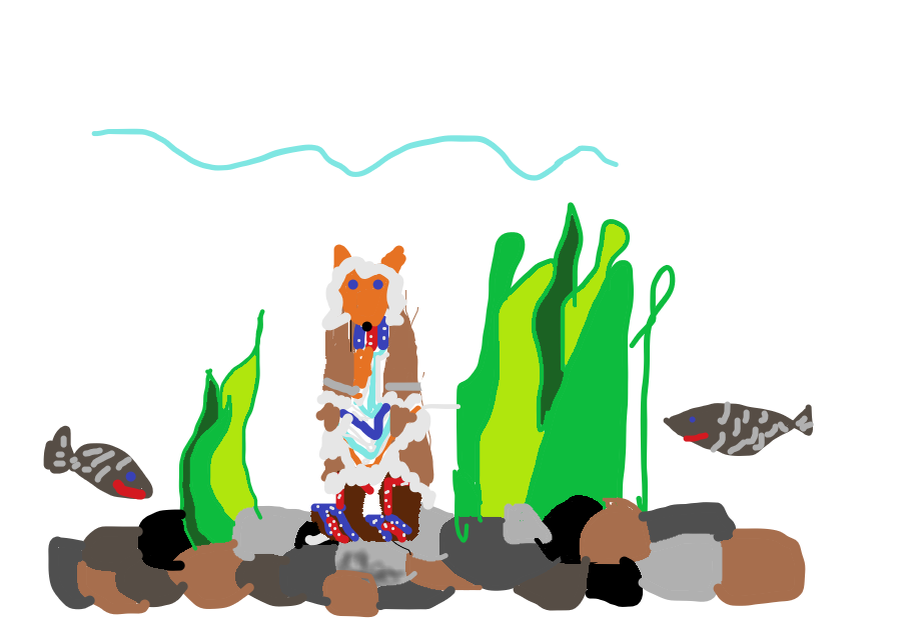 Иллюстрация к сказке "Хитрый лис" (момент, где лис попал к язям).