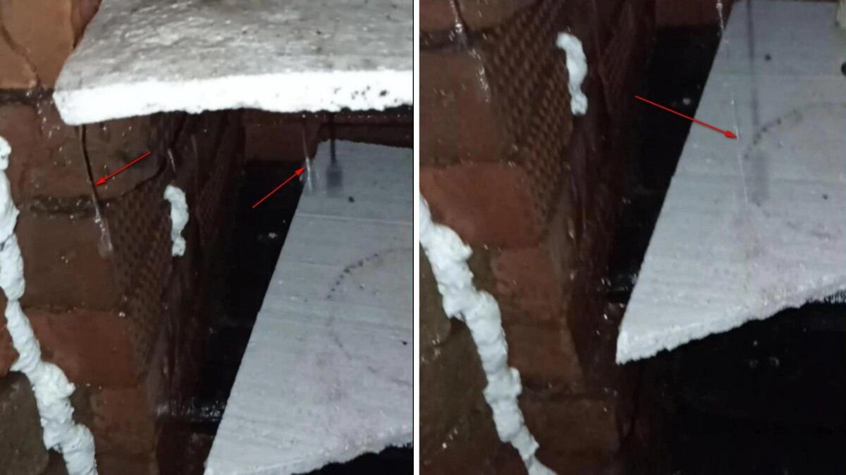 На фото стрелками показал струи воды, белое - это монтажная пена и куски пенопласта - не снег :)