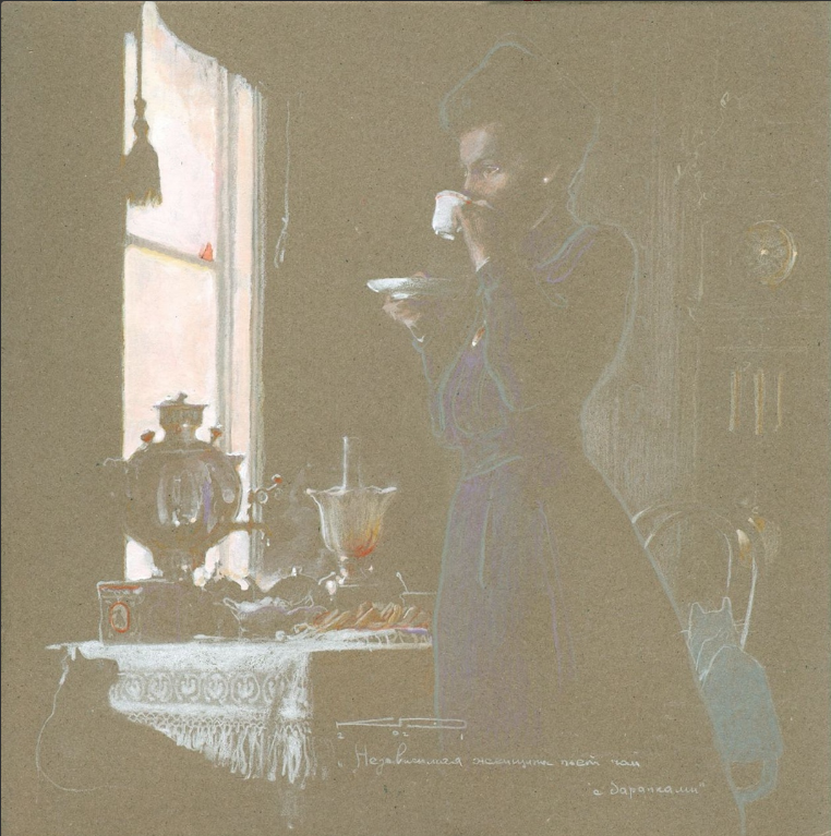 Денис Коробков. Независимая женщина пьёт чай с баранками. 2021 г. Картон, белила. 35 x 35 см