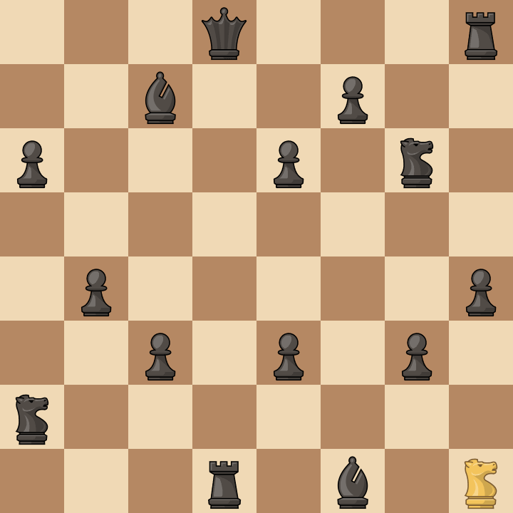 Задача №1. Ходит только белый Конь. Каждым своим ходом он должен побить какую-нибудь черную фигуру.