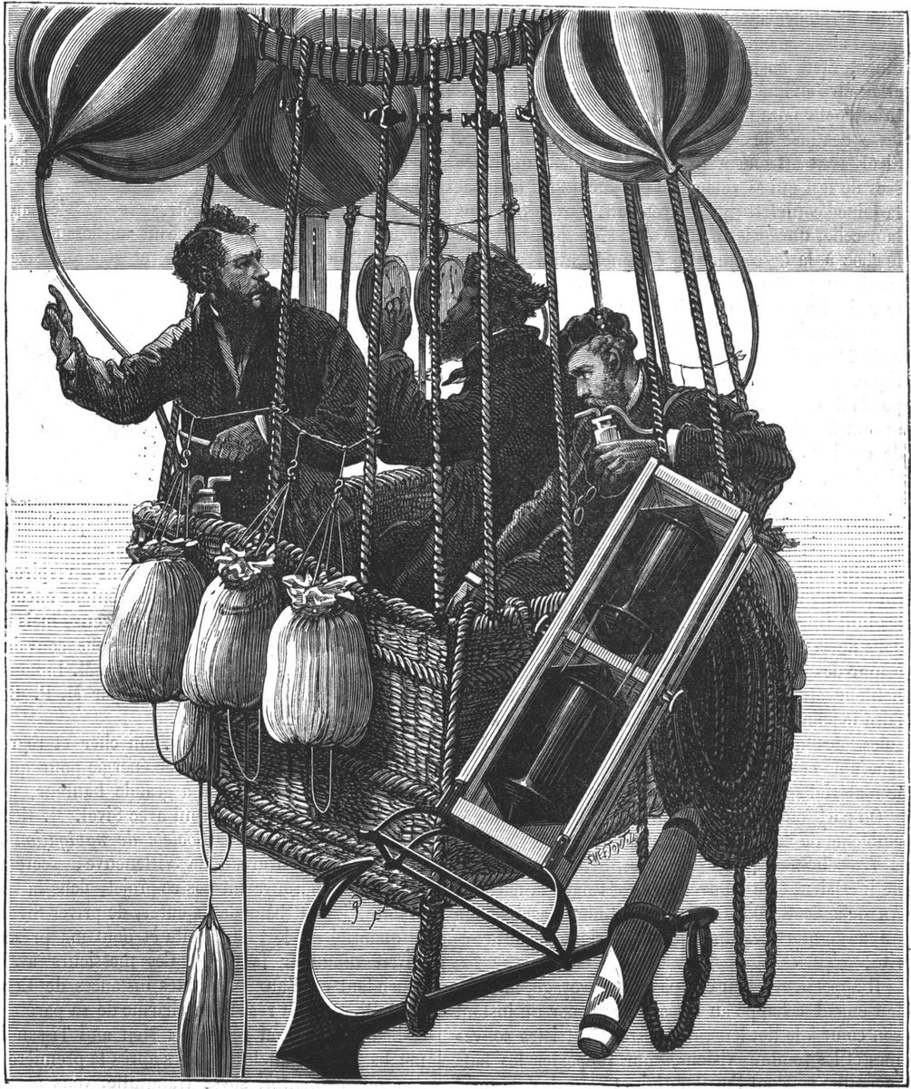 Гондола аэростата Крос-Спинелли, Зивеля и Тисандье (вверху видны подушки с кислородом). Фотография взята из книги Холдена.