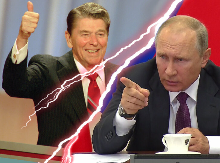 Коллаж "Reagan VS Putin". Использованы изображения с сайтов www.rt.com и www.insider.com