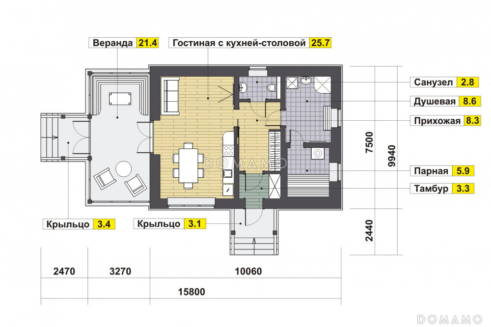 Проект бани с террасой из газоблока