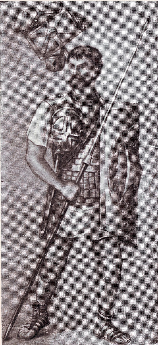  Легионер в походе. Реконструкция. Легионер в полном вооружении; шлем висит на особом крючке, прикреплённом к панцирю. На палке (furca) легионер несёт багаж, состоящий из сундучка, сетки для провианта, горшка с ложкой и меха для воды (или поски).  Авторство: Неизвестен. Г.Ламер. Римский мир. М., 1914, Общественное достояние, https://commons.wikimedia.org/w/index.php?curid=8367408