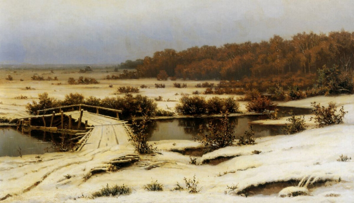 Источник: artchive.ru. Ефим Волков «Ранний снег» (1883), 147×86 см, Государственная Третьяковская галерея
