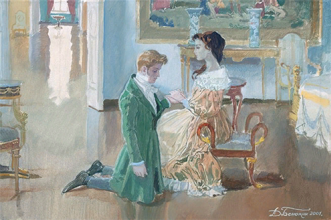 "Объяснение Онегина и Татьяны". Автор: Д. Белюкин (https://evgenij-onegin.ru/illyustratsii/)