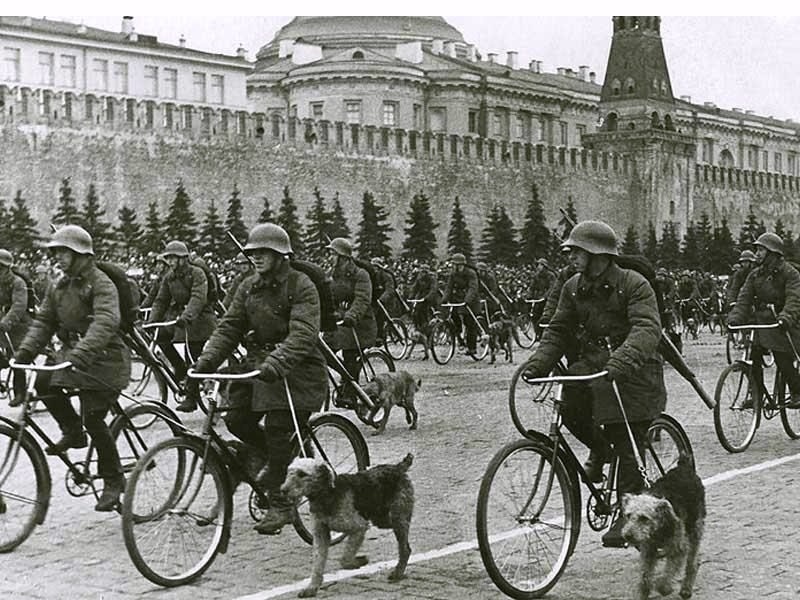 Велосипедные военные собаководы. Парад 1 мая 1938.