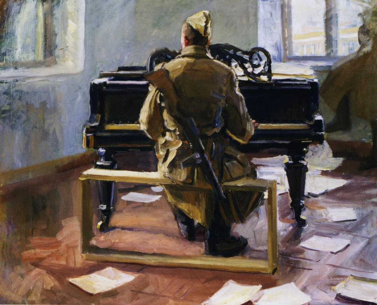 Г.С. Мелихов. День победы в Берлине или Весна 1945. 1960 год – сюжет картины основан на реальном эпизоде, когда художник-фронтовик услышал на одной из берлинских улиц звуки рояля и решил найти их источник.