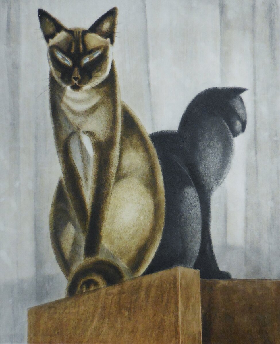 Жак Леман Нам "Сиамские коты", цветная акватинта, 1930. 38 x 33 см. 
