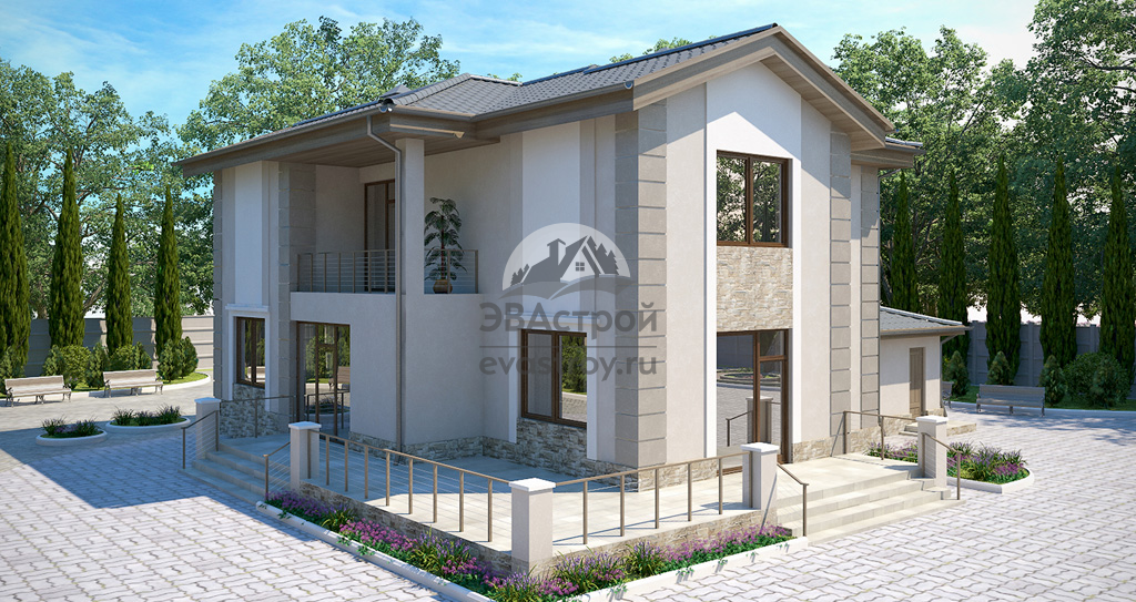 Проект двухэтажного дома 411 м2 с цокольным этажом, гаражом, балконом и сауной под домом - 101-61