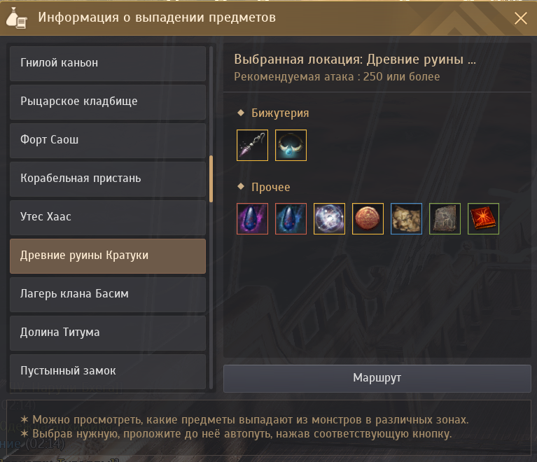 Список того, что выпадает с мобов на локации Древние руины Кратуки