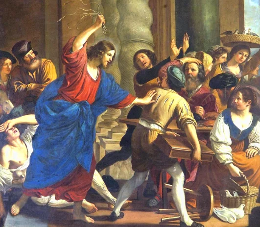 Иисус выгоняет из храма торговцев.