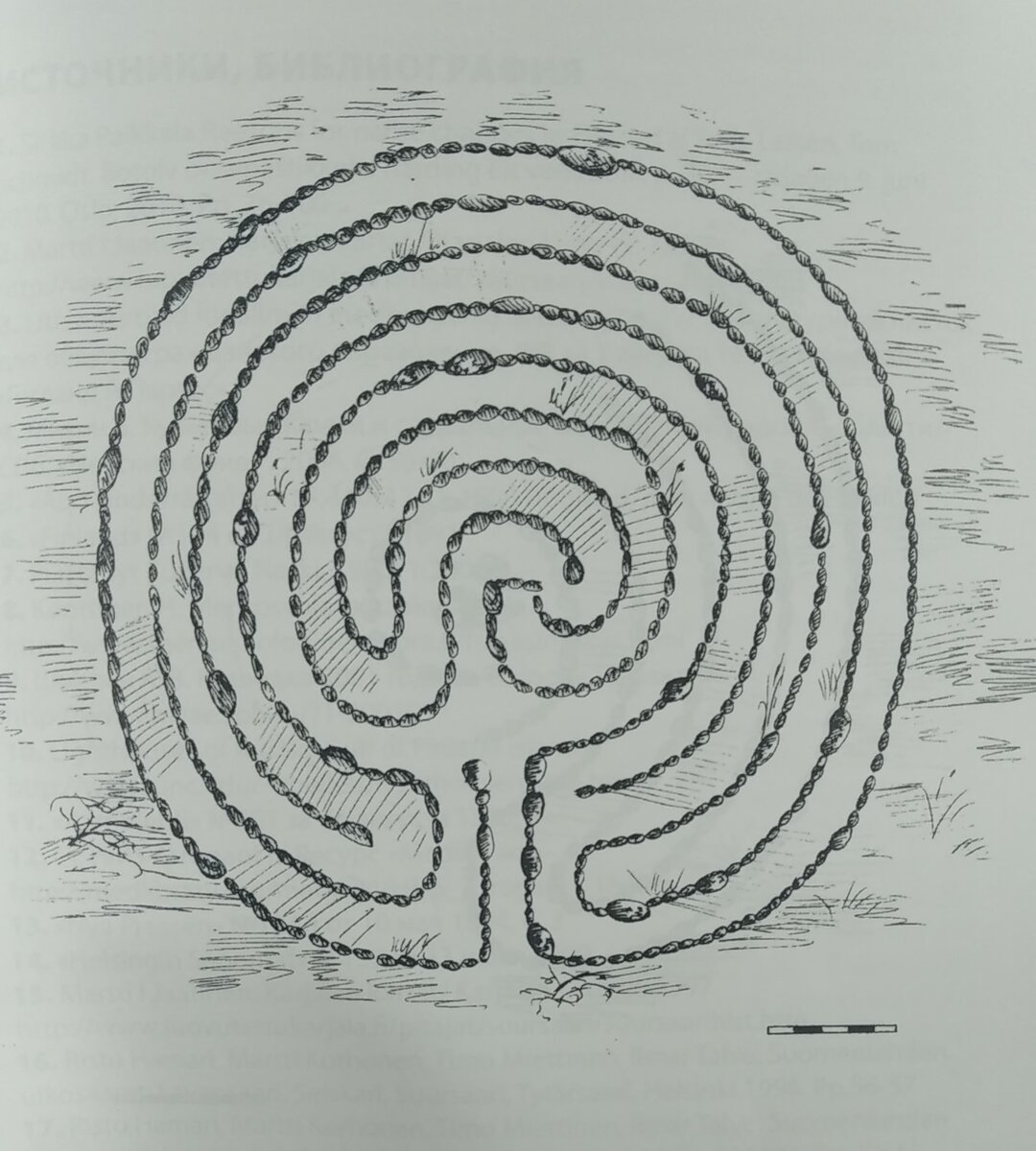 Большой каменный лабиринт в губе Варзина (Баренцево море, Кольский полуостров). Исследовал В. Мизин, зарисовка Д. Курдюковой. 