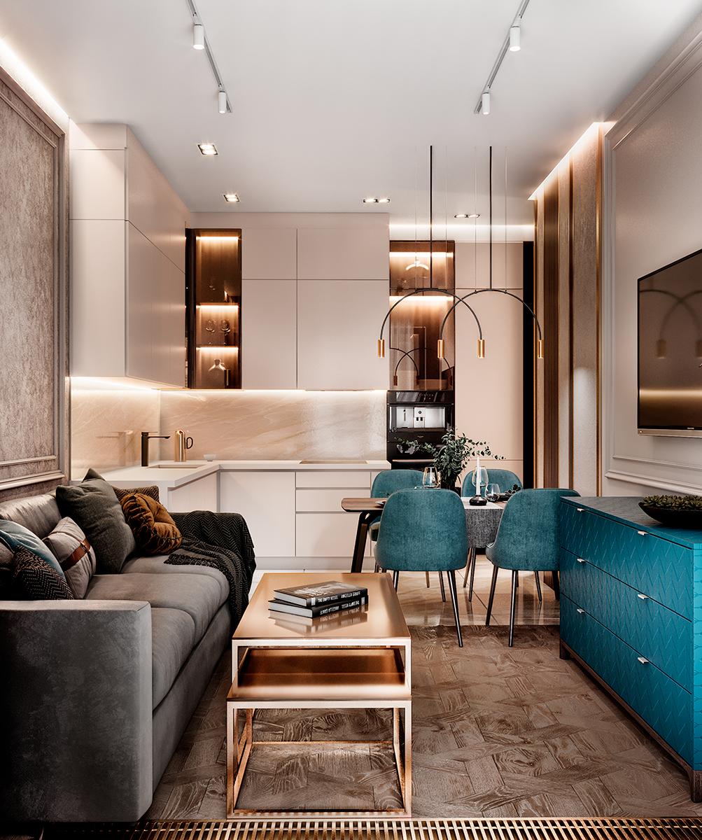 Стильный интерьер квартиры 70 кв.м. в теплых природных оттенках с этническими мотивами