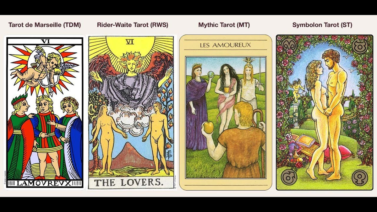 Карта Влюбленные в других колодах. Обратите внимание, насколько может отличаться символика и значение карты в зависимости от изображенного на ней сюжета. "Влюбленных" с изображением 3 или 4 человеческих фигур следует трактовать иначе - в контексте запутанного социального взаимодействия этих фигур.