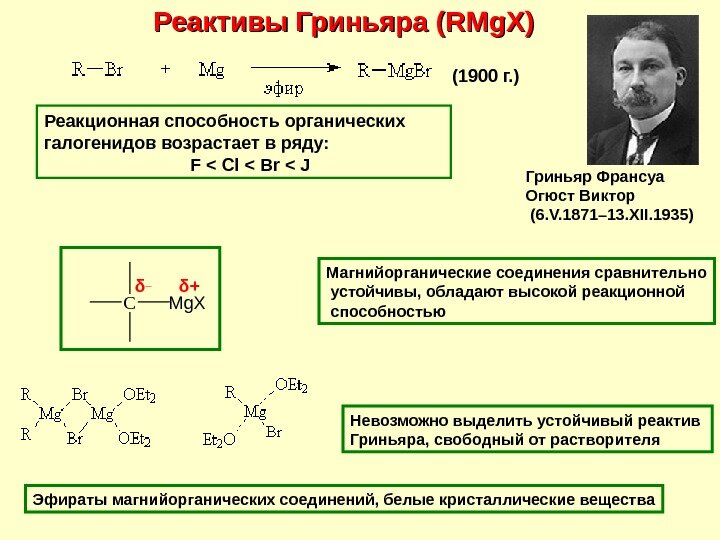 Ну, то есть, берём любое галогенпроизводное алкана, добавляем к нему чуток магния и вот - именное вещество, от которого можно ждать чудес, готово. Процесс проводят в среде абсолютного диэтилового эфира.