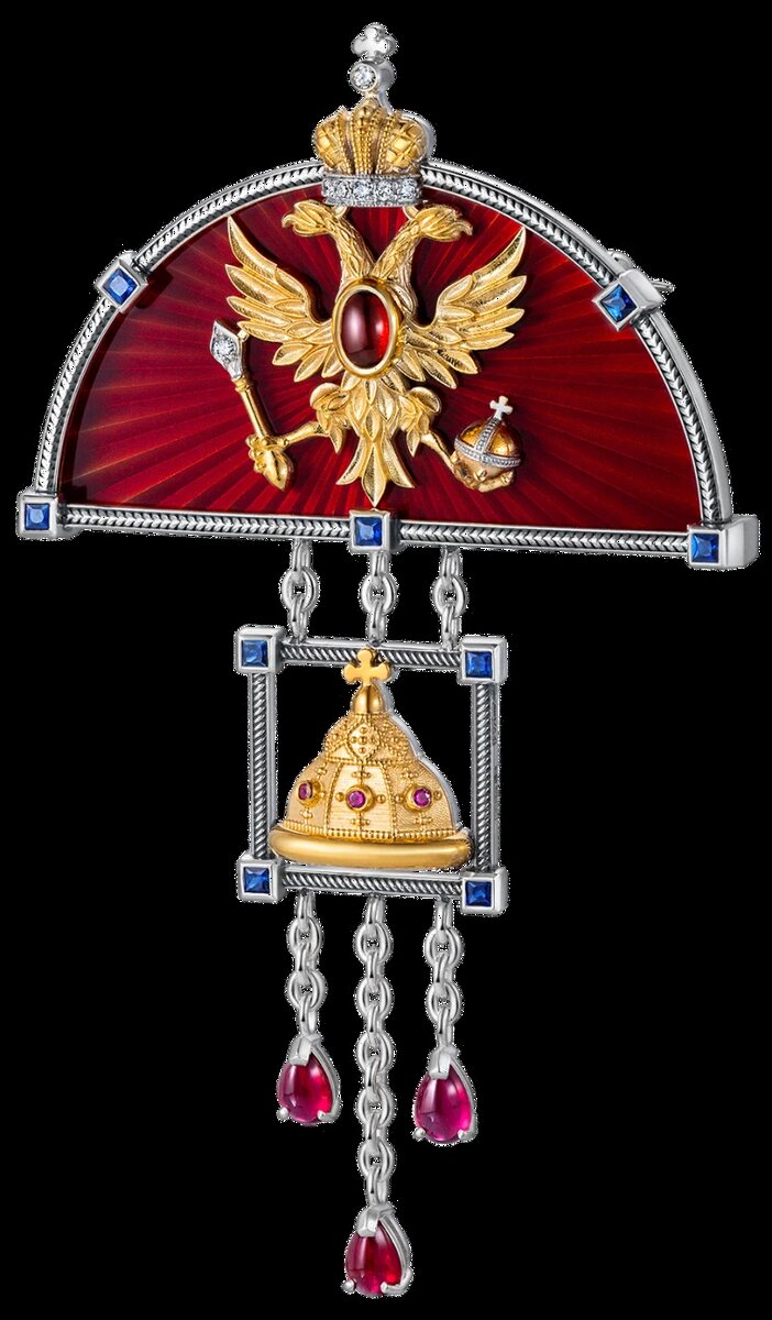 "ИМПЕРИЯ" БРОШЬ, серебро 925 пробы, бриллианты, золото 585 пробы, рубины, сапиры, горячая эмаль 