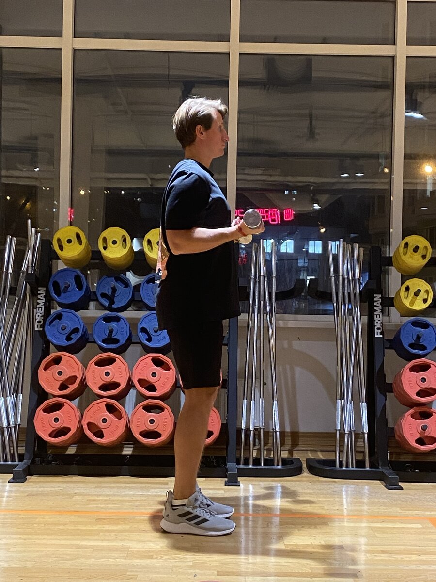 Прижимая локти к туловищу, медленно поднимите гантели к плечам по дуге,сгибая локти до касания предплечьями бицепсов. Медленно опустите гантели, разгибая локти, до исходного положения. Ладони повернуты вперед.