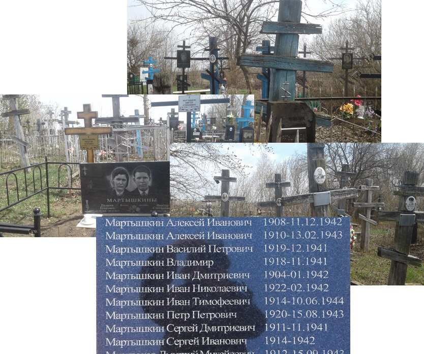 Могильные кресты на кладбище деревни Наумкино и доска памяти Мартышкиных, погибших в ВОВ