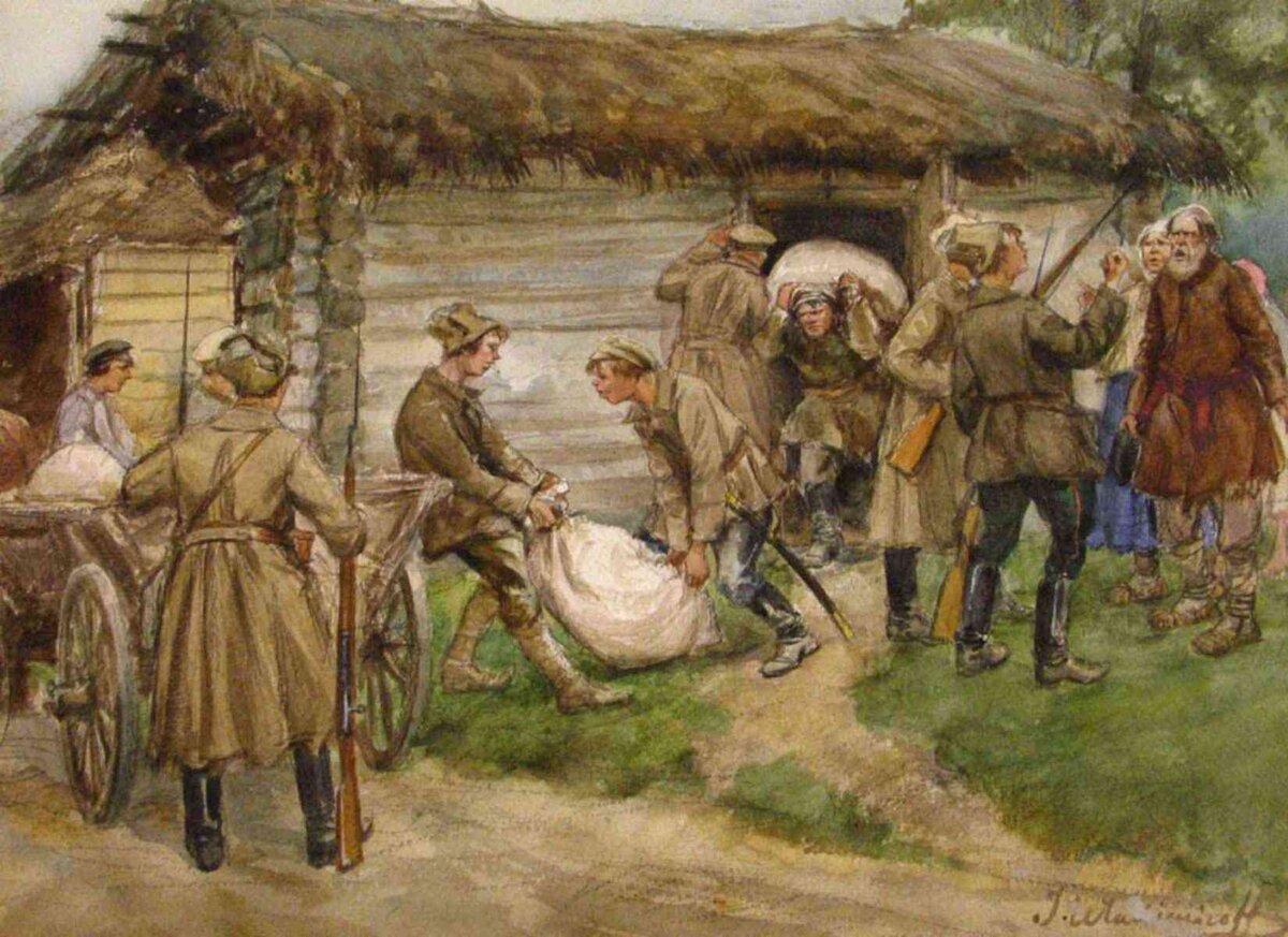 Реквизиция муки у богатых крестьян в деревне. Иван Владимиров, 1920 год. Источник: Pinterest