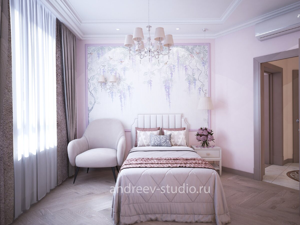 Интерьер спальни в розово-фиолетовом сочетании сложных цветов. В фотообоях с глициниями присутствуют оттенки зелёного и фиолетового. Интерьер смотрится холодным. Теплоту добавляет коричнево-фиолетовый пол (3d-фото авторов). 