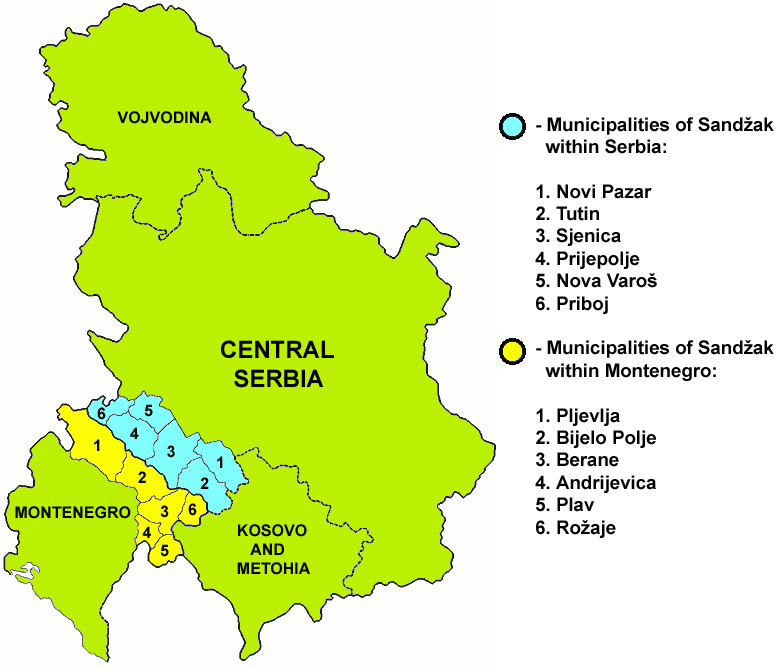 Муниципалитеты Санджака в составе Сербии (голубым) и в составе Черногории (желтым). Фото: https://dic.academic.ru/pictures/wiki/files/83/Sandzak01.png