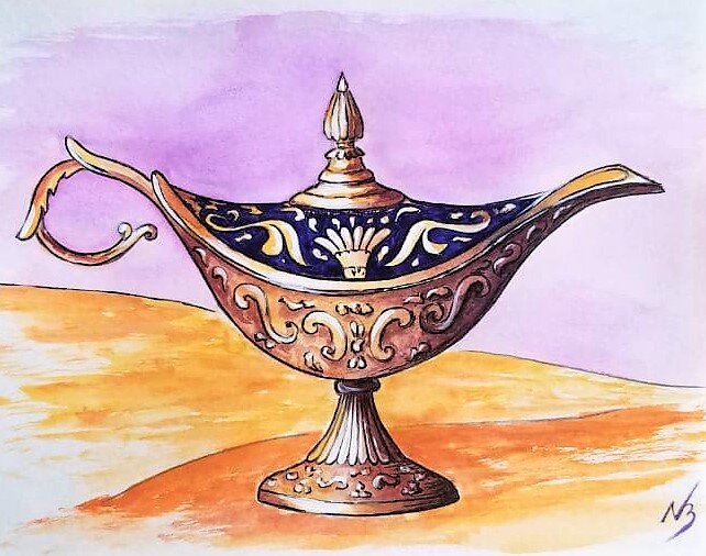 Лампа Аладдина - пока одна из любимых работ за этот год😊  Рисовала по бесплатным мастер-классам от школы Всем Арт.