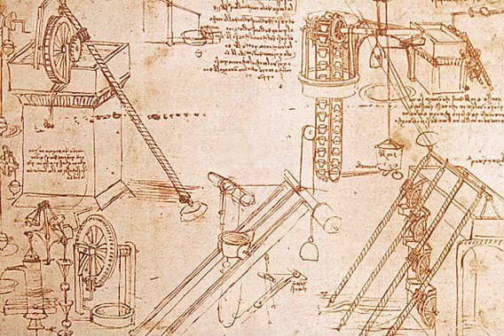 Чертеж водяного колеса с ведрами Леонардо да Винчи, изображение http://kakizobreli.ru