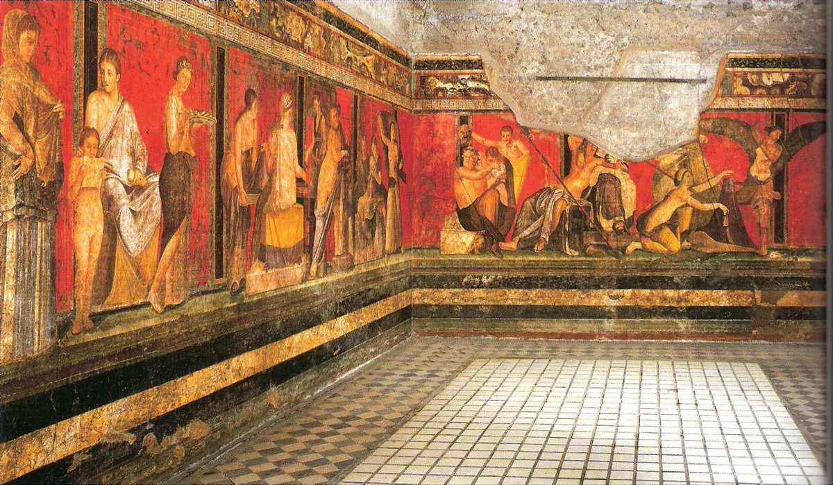 Фрагмент росписи «Виллы Мистерий» в Помпеях. Ок. 60 г. В вилле мистерий в Помпеях на фресках показаны не сами божества, а люди их изображающие.
