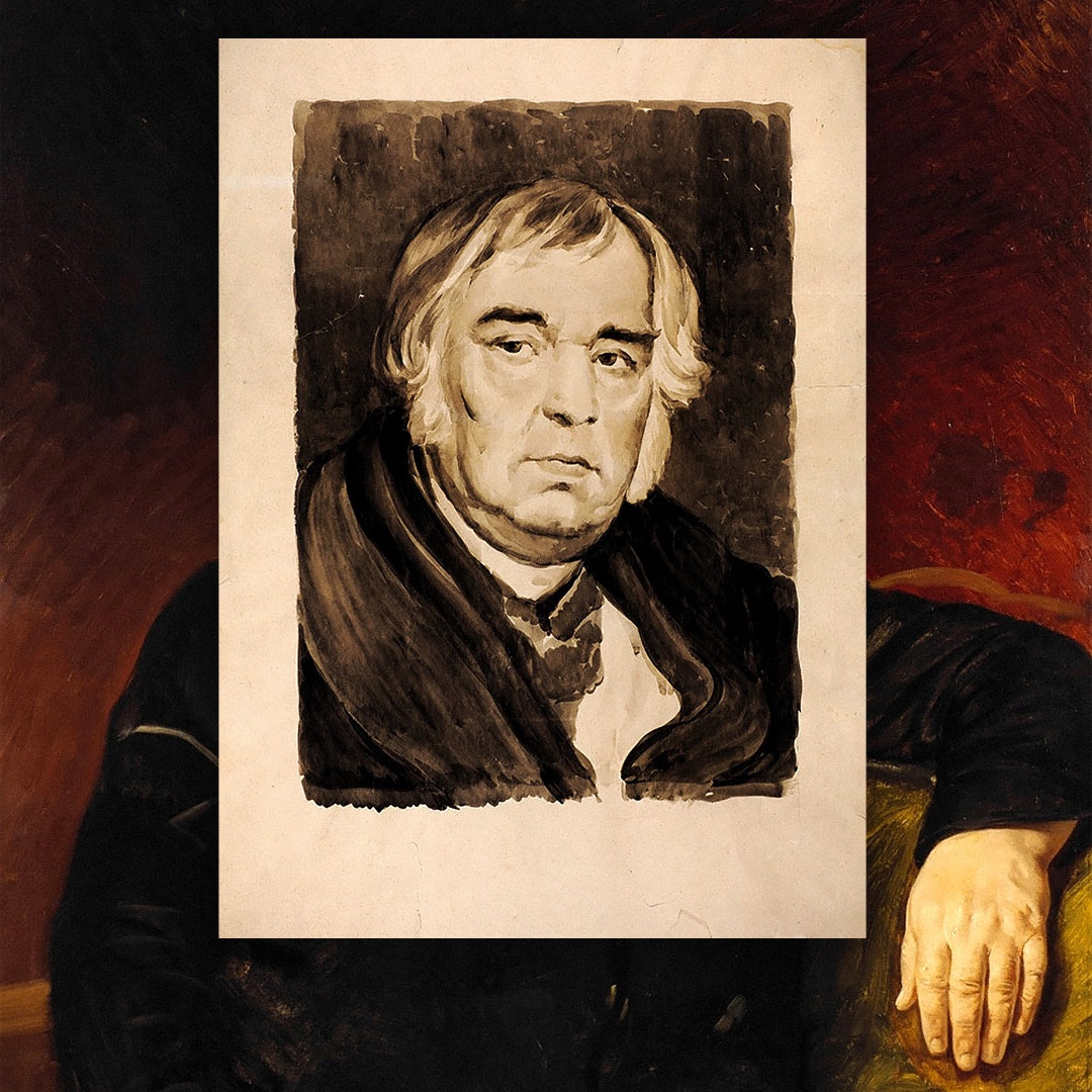 Портрет И. А. Крылова кисти Карла Брюллова, 1839 / Рисунок Николая Шеберстова, 1930-е. Источник: wikimedia.org. Коллаж: Саша Пожиток, Букмейт