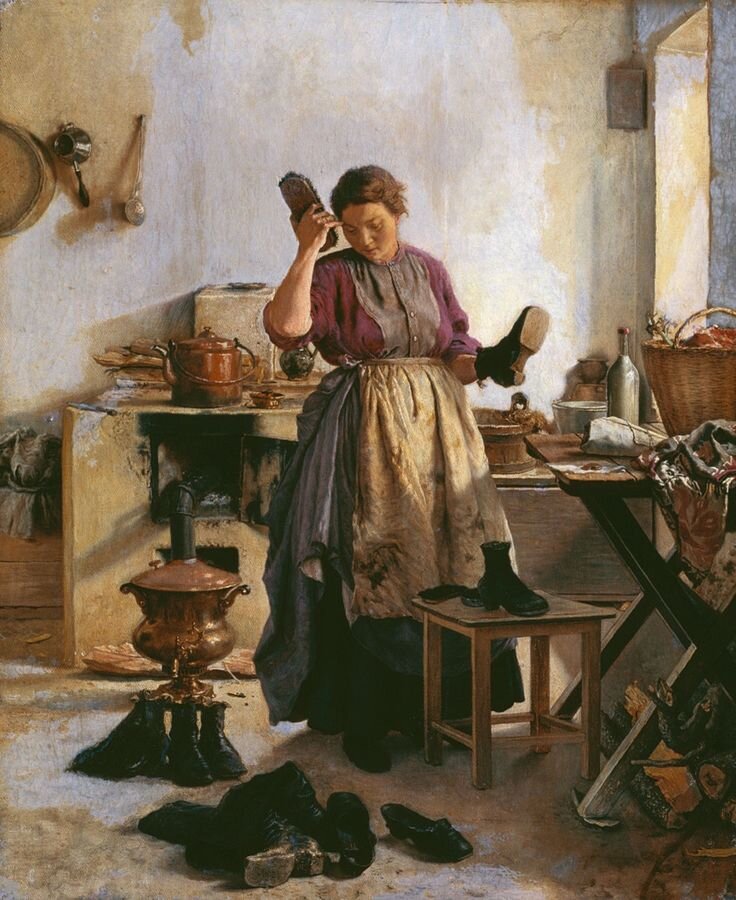 Кухарка не только готовила, но часто выполняла и другие поручения. Кухарок нанимали не очень зажиточные семьи, экономившие на другой прислуге. А.А. Попов, "Кухарка", 1850-е. «Государственное музейное объединение "Художественная культура Русского Севера"» https://ar.culture.ru/ru/subject/popov-a-a-1832-1896-utro-na-kuhne-kuharka-konec-1850-h