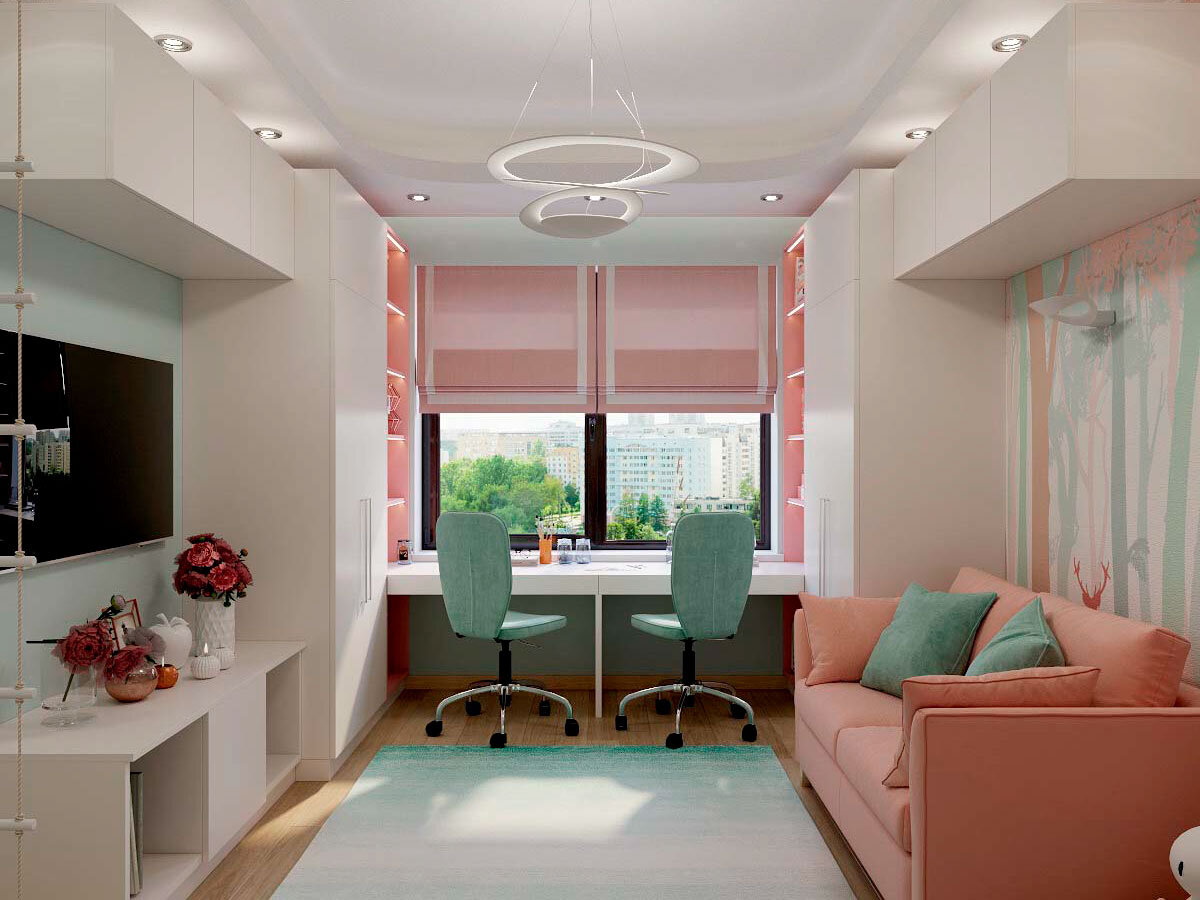 Рабочая зона с розовыми стеллажами и белой столешницей