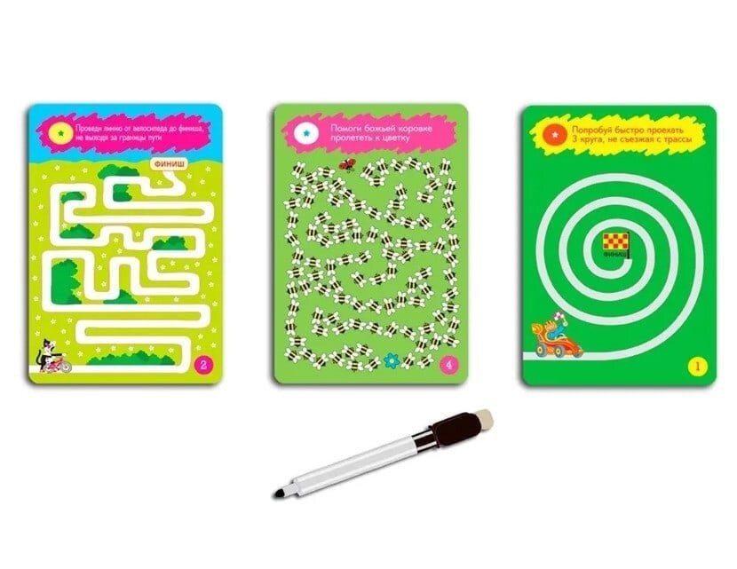 Игра настольная (карточная) Лабиринты. 5-7 летОписание товараСборник математических, логических, словесных и изобразительных игр-головоломок разного уровня сложности. В игре 96 различных заданий: рисование по точкам, нахождение отличий на одинаковых картинках, лабиринты, игры на внимание и память, кроссворды, ребусы, задачки на счёт и чтение. Игра способствует развитию внимания, логического мышления и памяти, учит находить нестандартные решения. Стирающийся маркер в комплекте! Возраст: от 5-7 лет Размер упаковки: 11х14х2,5Цена за штуку 440₽