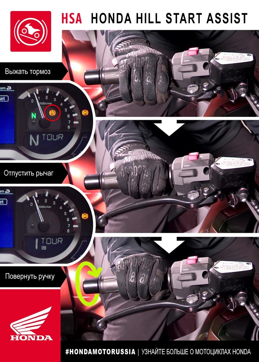 HSA активируется при любой остановке мотоцикла,  например, на светофоре