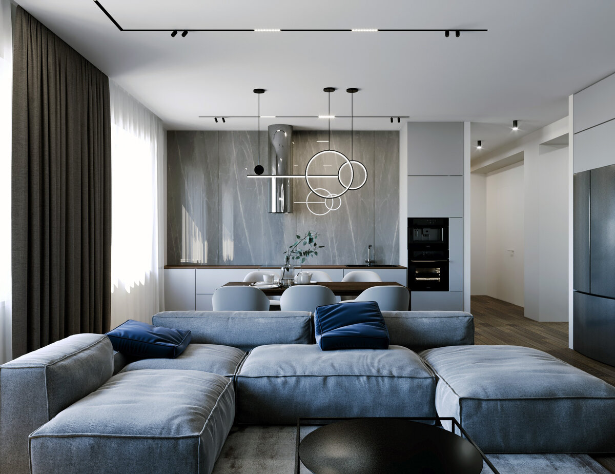 Пример современного интерьера с применением трекового освещения.