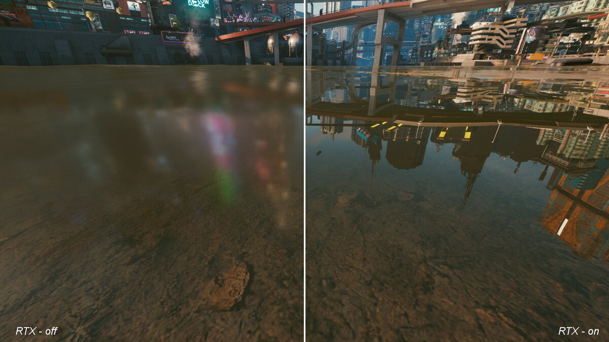 Игра — Cyberpunk 2077. Слева RTX off, справа RTX on.