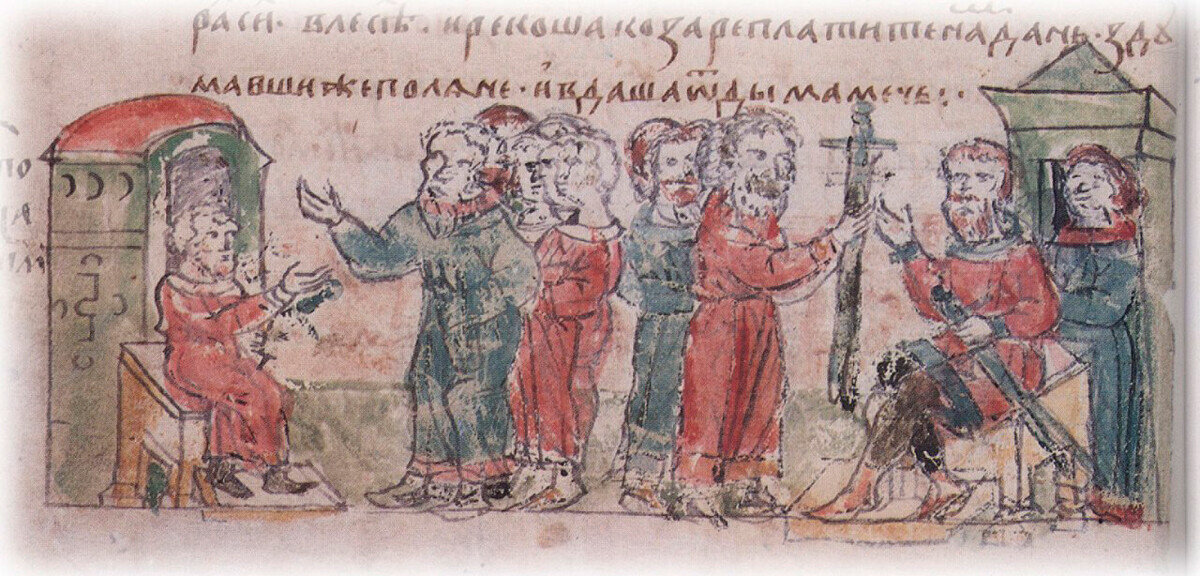 Радзивиловская летопись: Требование хазарами дани с полян; решение полян платить от дыма по мечу.