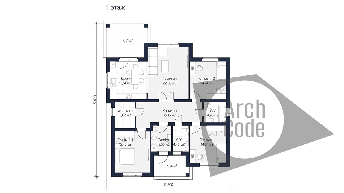 Проект одноэтажного дома 118 м2 с тремя спальнями. | ArchCode |  Проектирование домов | Дзен