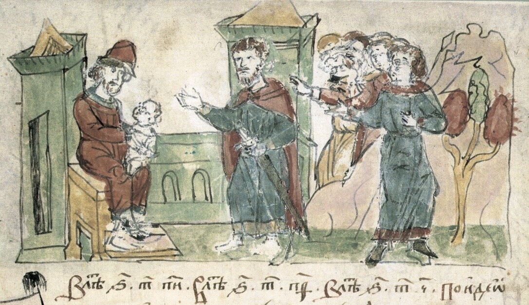 Рюрик передаёт младенца Игоря своему родственнику Олегу. Миниатюра Радзивилловской летописи XV века.