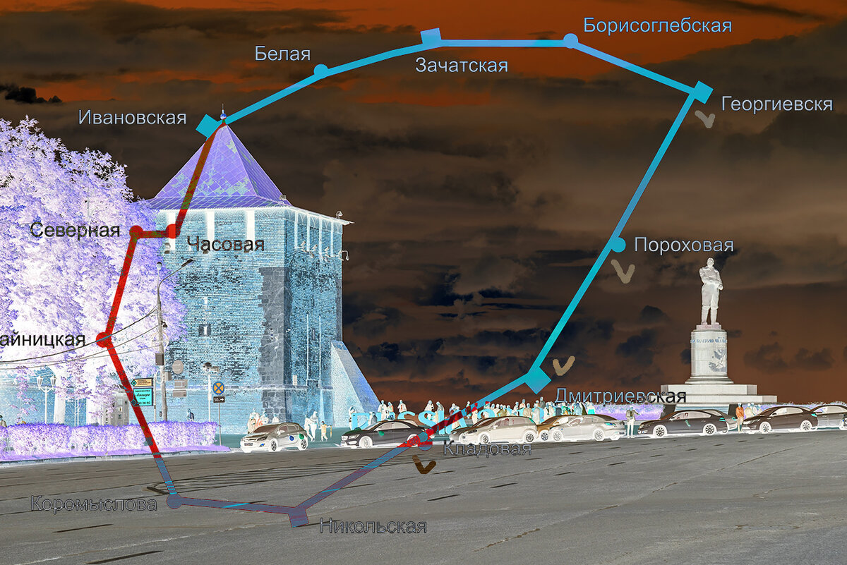 Георгиевская башня и схема Нижегородского кремля. Фото и обработка автора. Схема - Викисклад. 