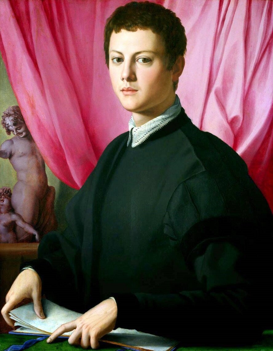 Аньоло Бронзино. Портрет молодого человека. 1550. Предположительно Пьеро (Пьерино) да Винчи (скульптура на заднем плане, совпадение возраста).