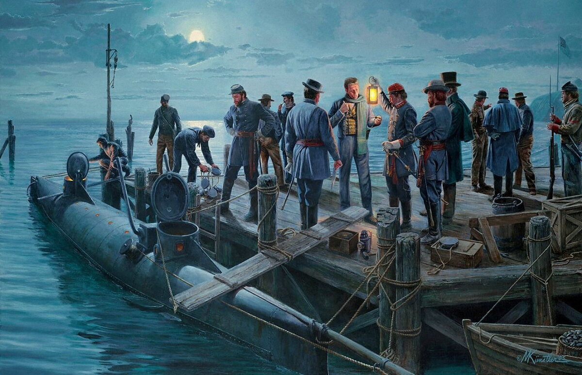 Подводная лодка CSS "Hunley" времен гражданской войны в США. Иллюстратор: Mort Künstler