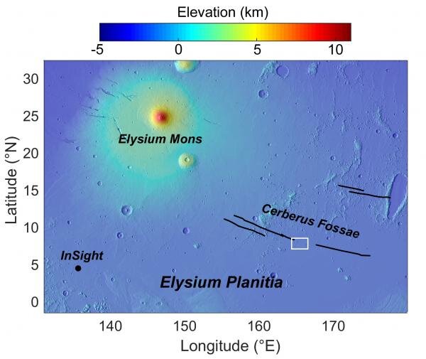 Гора Элизий, борозды Цербера и место работы станции Insight на равнине Elysium Planitia.